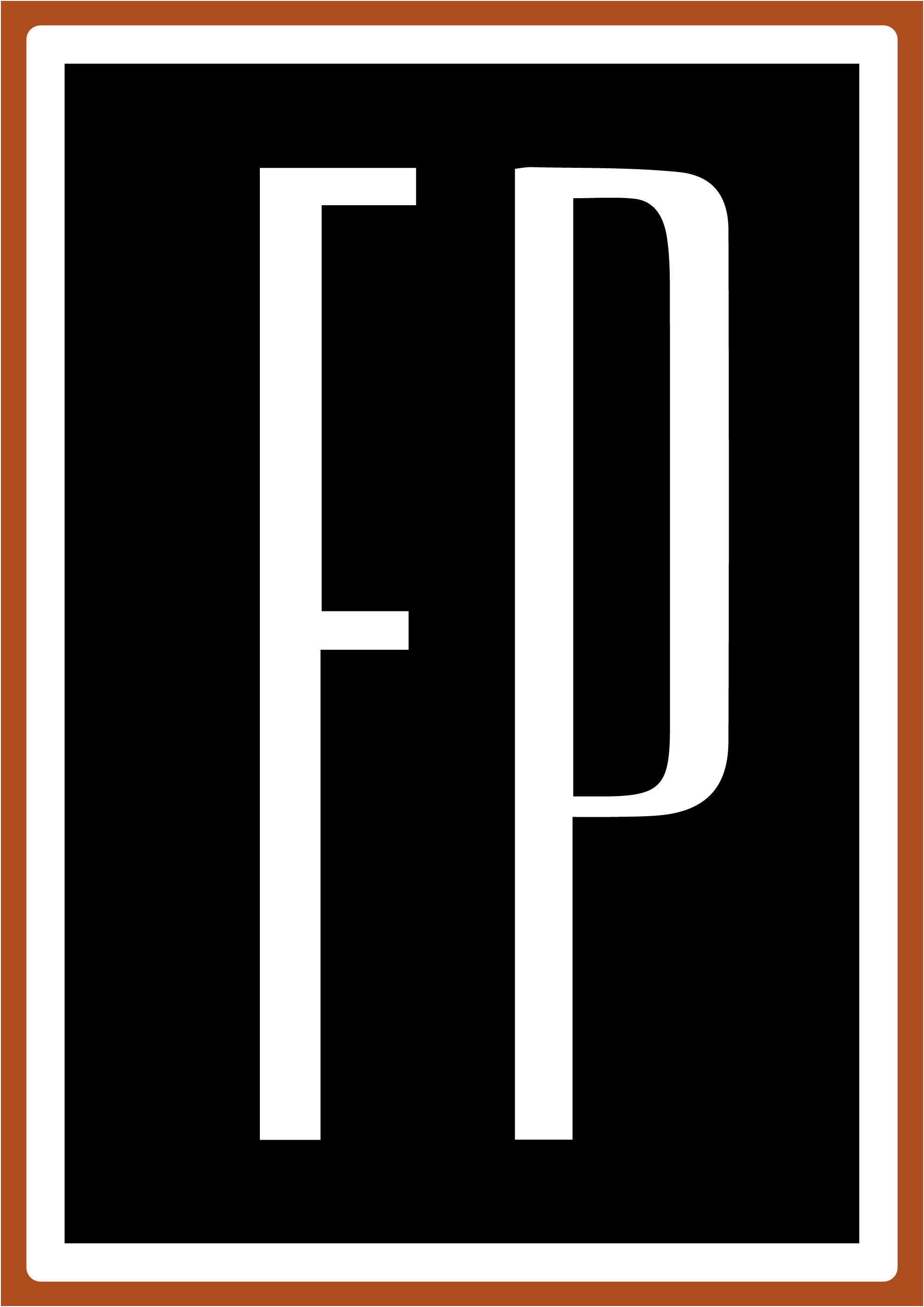 A black and white sign with the letters "FP" on it.